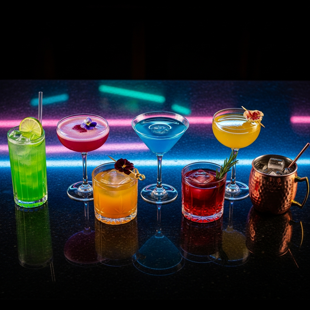 row of colourful craft cocktails on dark bar surface, neon reflections, artistic overhead shot
