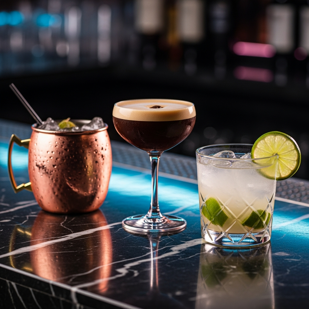 classic cocktails lineup on dark marble bar, moscow mule copper cup, espresso martini, caipirinha lime garnish, moody neon lighting
