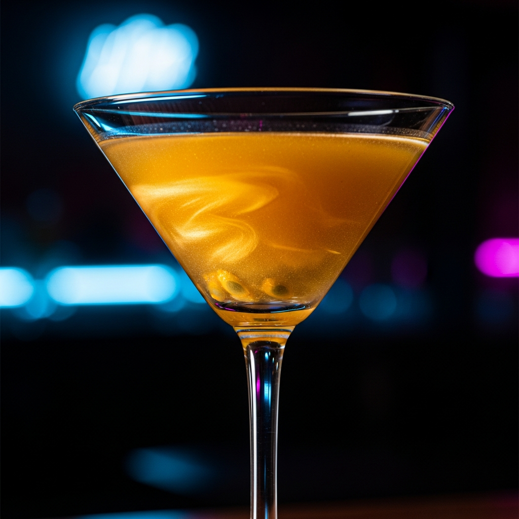 Elegant martini glass with passion fruit puree, golden shimmer, dark background, electric neon bar ambience, close-up