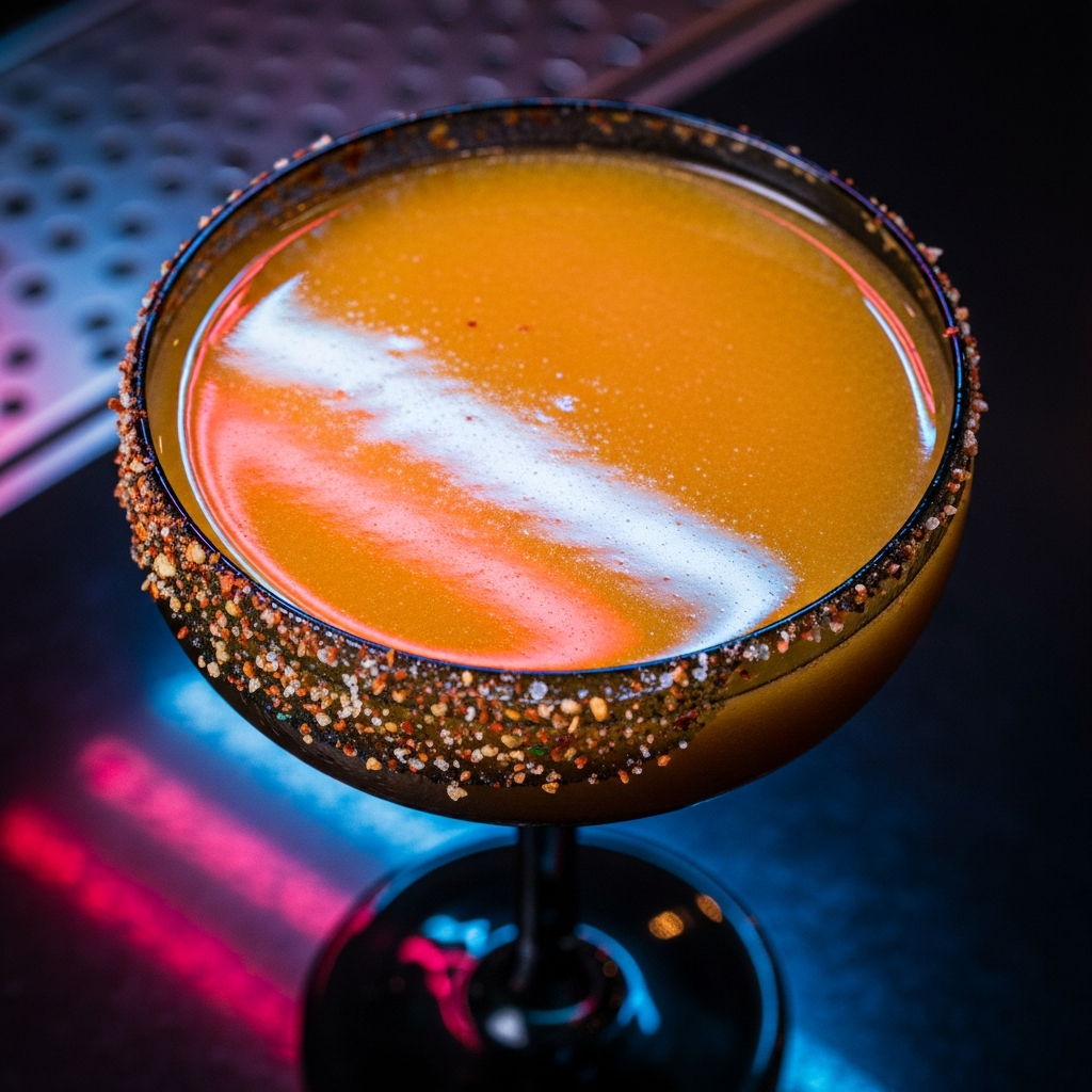 Overhead close-up of vibrant orange-yellow margarita cocktail with chili rim in dark coupe glass, neon light reflections, moody dark bar surface