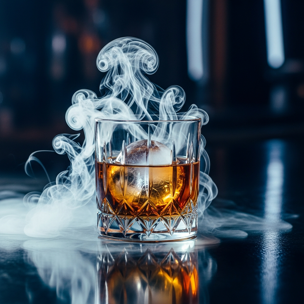 Smoky whisky cocktail with dramatic smoke wisps in crystal rocks glass on dark bar, moody neon lighting, cinematic atmosphere