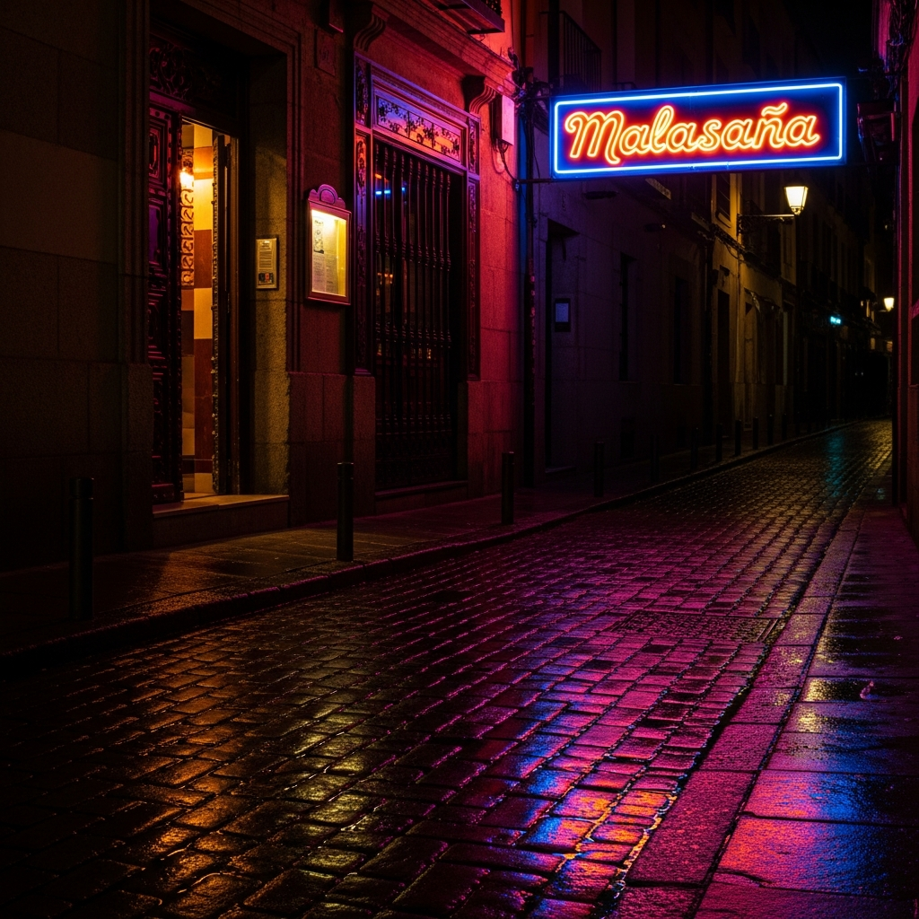 Narrow Madrid street at night in Malasaña, neon bar sign glowing, wet cobblestones reflecting coloured neon light, intimate doorway, inviting atmospheric mood