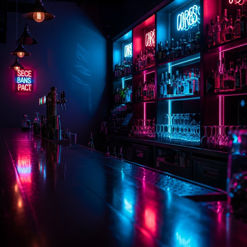 Empty dark cocktail bar before opening, neon lights illuminating backlit spirit shelves, moody atmospheric lighting, Malasaña Madrid