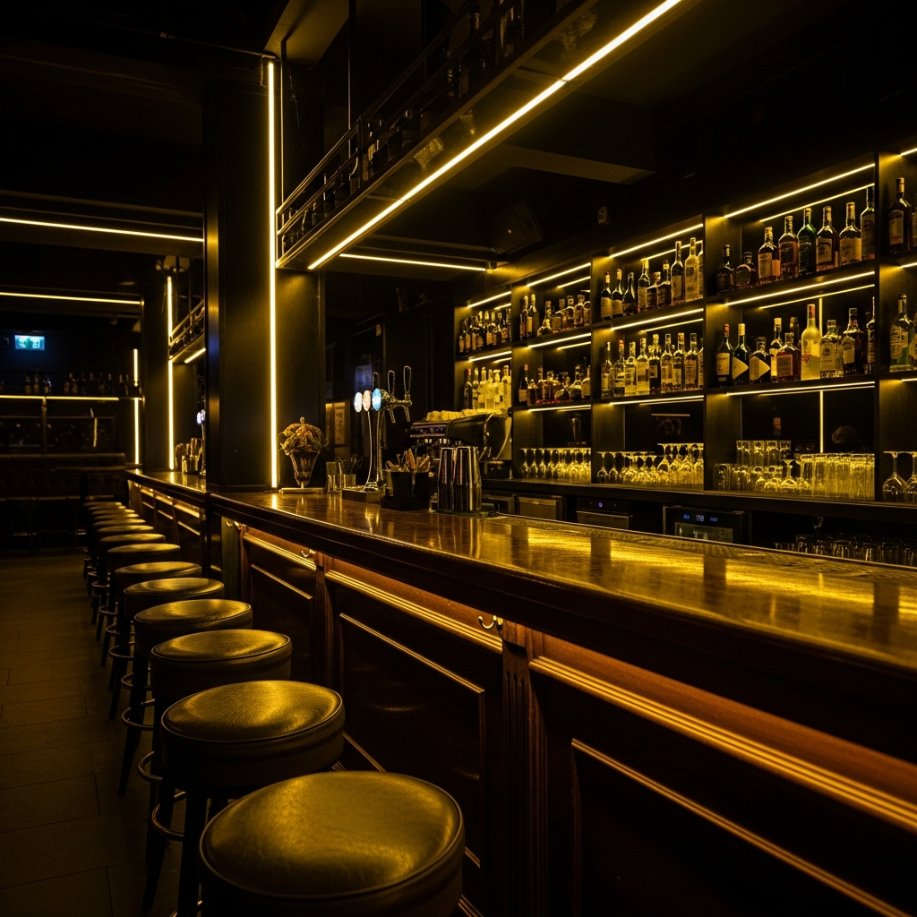 Dark moody bar with glowing neon yellow light strips, empty bar stools, bottles backlit, invitation atmosphere, Malasaña Madrid underground club