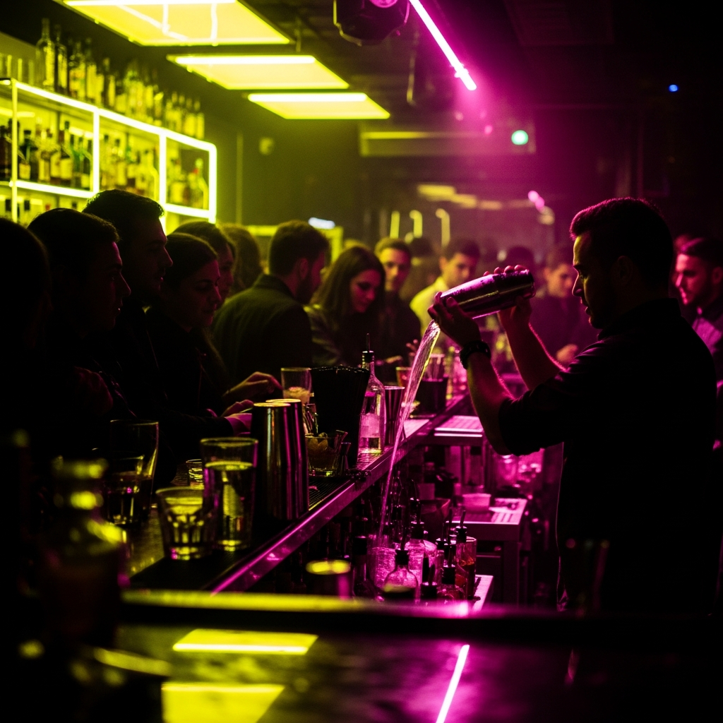 dark intimate cocktail bar in Madrid at night, neon yellow and pink light, crowd of people silhouetted, bartender shaking drinks, electric underground atmosphere