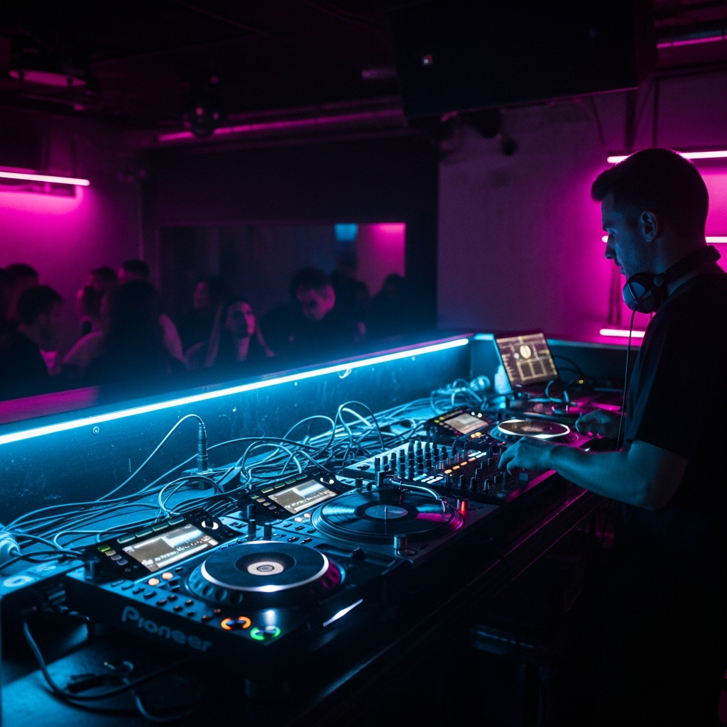 DJ booth in a small dark nightclub, blue and pink neon lights, turntables glowing, intimate underground club in Malasaña Madrid