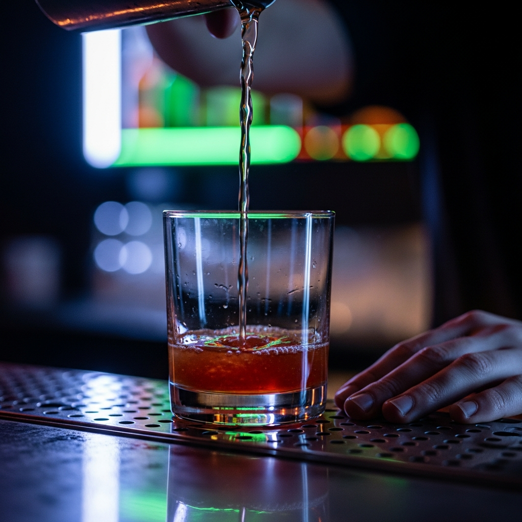 close-up of cocktail being poured at a dark neon-lit bar, liquid catching neon light, dramatic, cinematic, Madrid cocktail club