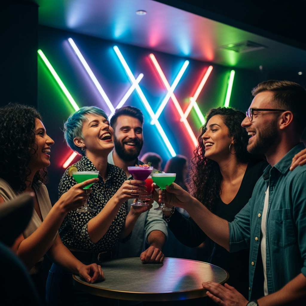 group of friends laughing and drinking cocktails in a small dark nightclub, neon backlight, LGBTQ+ friendly inclusive atmosphere, electric energy