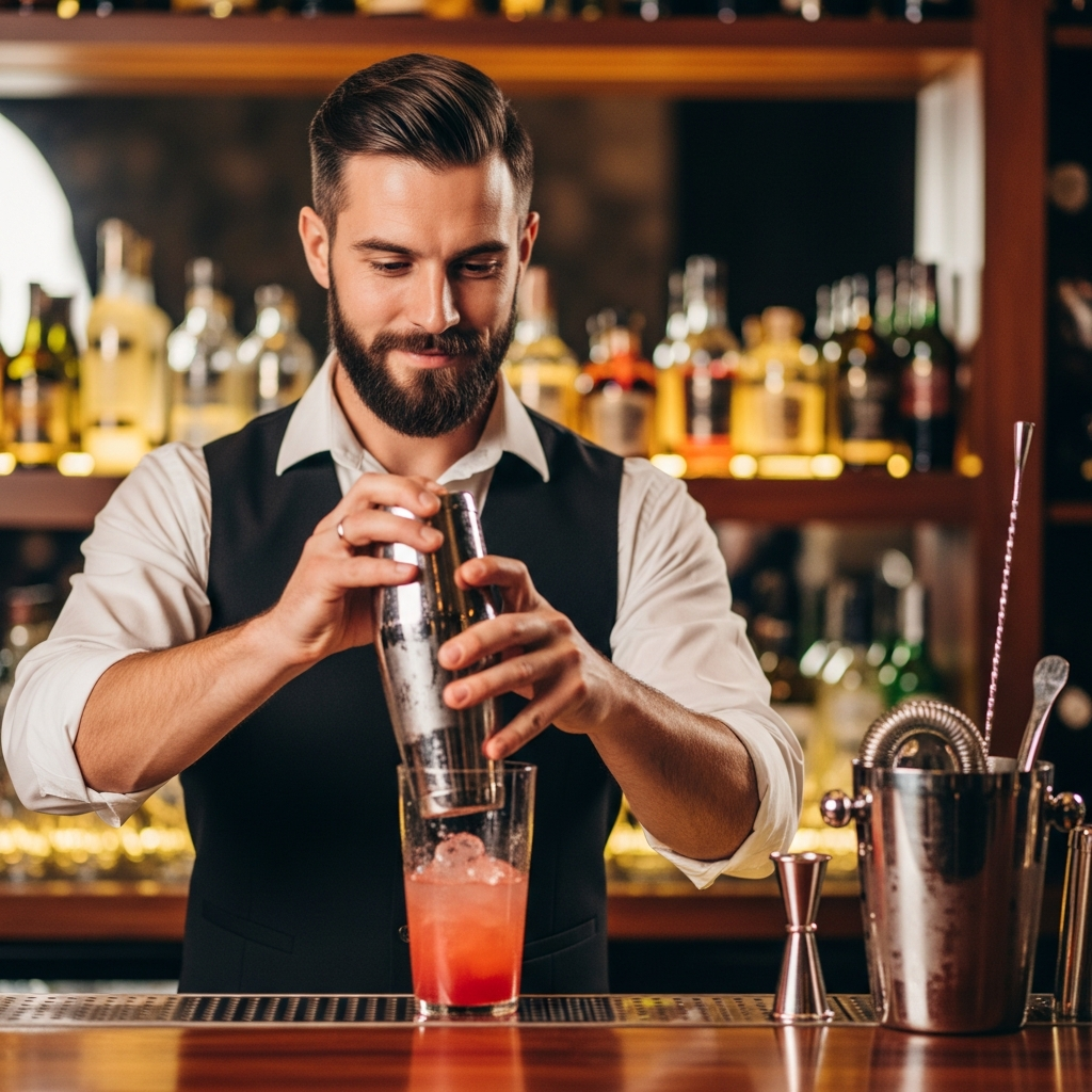 bartender's hands arranging garnishes on craft cocktails at a dark backlit bar, neon reflections on ice and glass, Kinki cocktail club aesthetic