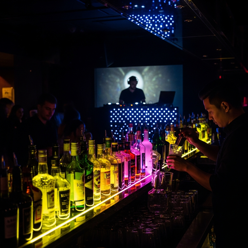 Intimate dark cocktail bar interior at night, neon yellow and pink lights reflecting off bottles, DJ booth visible in background, dramatic low light, electric atmosphere