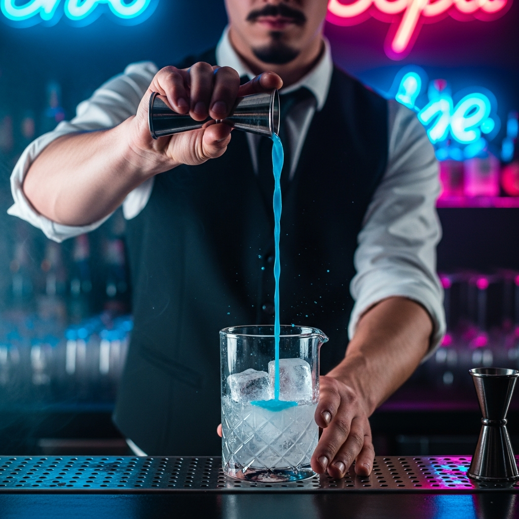 bartender hands crafting a cocktail with dramatic pour, neon lit bar, dark background, electric atmosphere, Madrid cocktail club