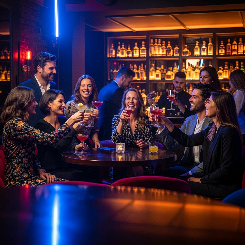 private party in intimate dark cocktail bar, neon lights, group of people celebrating, dark elegant atmosphere, Madrid
