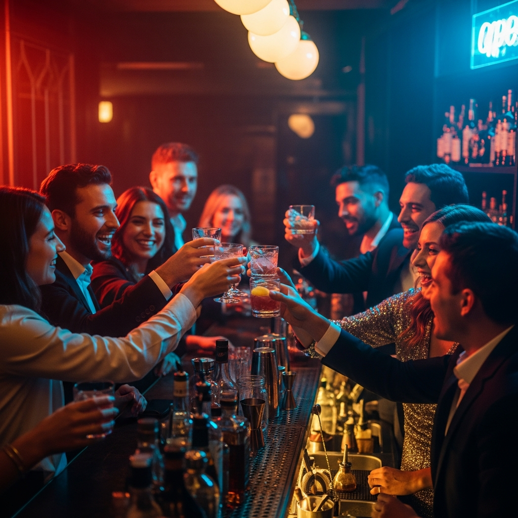 private party in intimate dark cocktail bar, neon lights, group of people celebrating, dark elegant atmosphere, Madrid